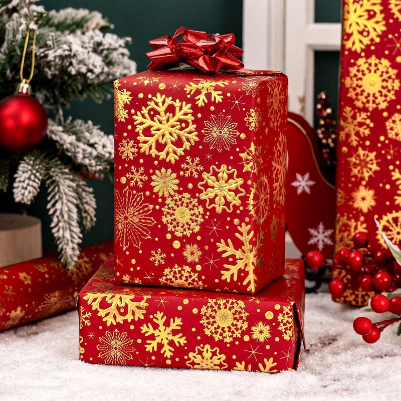 Yarcony Christmas Wrapping Paper, Embossed Snowflake Wrapping Paper, Kraft Classy Sparkle 3D Red & Gold Snowflake Holiday Gift Wrap for Winter Party, Festive Decoration (Mini Roll, 17 Inch X 33 Feet) - Image 5